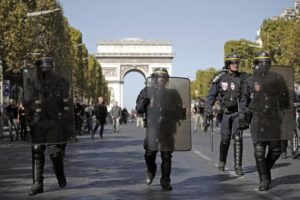 epa07858701 French riot Police secure a street near the Champs Elysees during the the 'Gilets Jaunes' (Yellow Vests) movement 'Act 45' demonstration (the 45th consecutive national protest on a Saturday) in Paris, France, 21 September 2019. The so-called 'gilets jaunes' (yellow vests) is a grassroots protest movement with supporters from a wide span of the political spectrum, that originally started with protest across the country in late 2018 against high fuel prices. EPA/YOAN VALAT